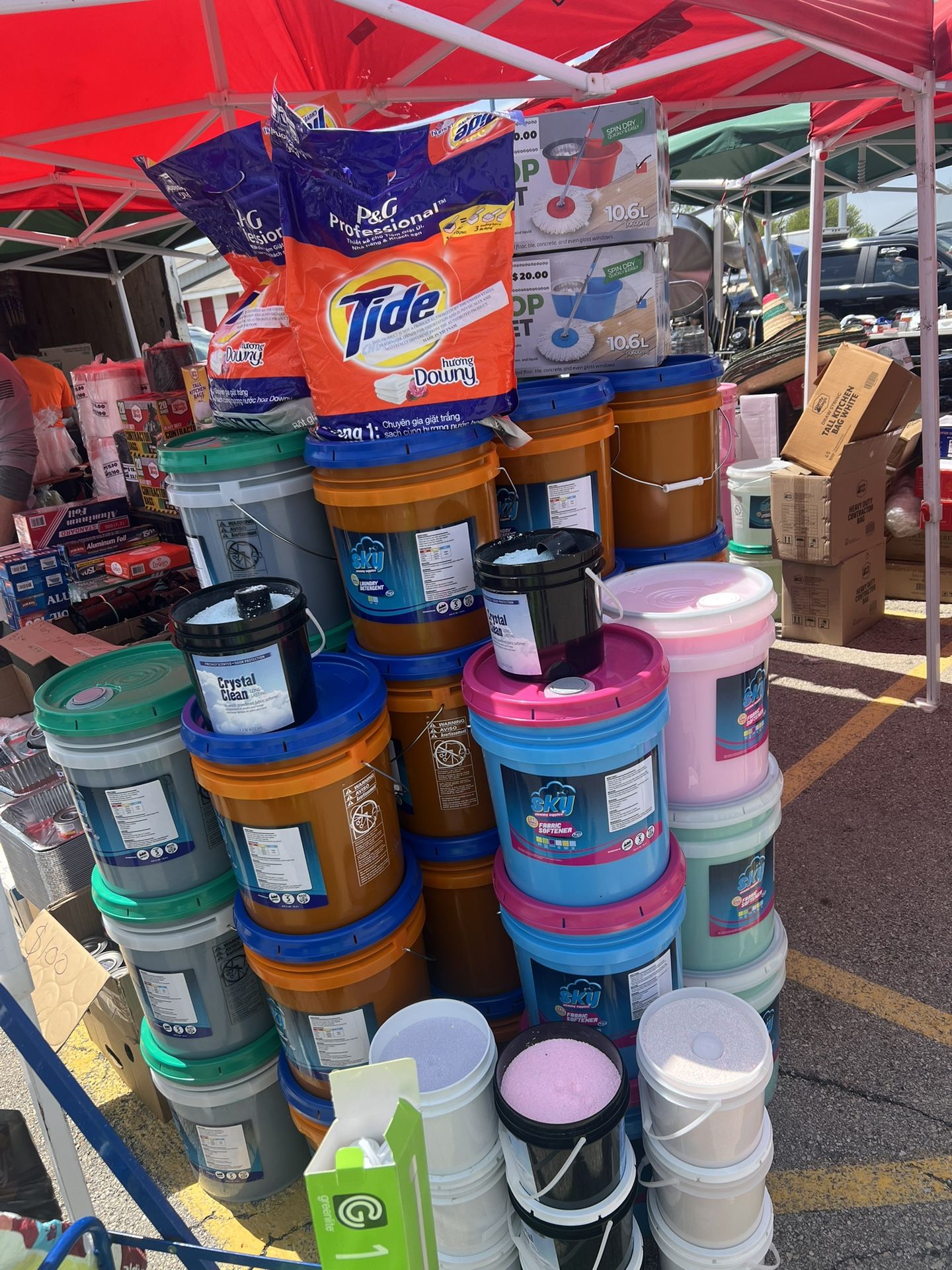 buckets of laundry detergent and softener