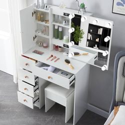 Vanity Desk with Mirror and Hidden Storage, White Makeup Vanity Table with Stool and 5 Storage Drawers for Bedroom
