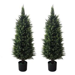 2 Pack 37 Inch Artificial Cedar Topiary Trees for Outdoor Front Porch Décor - UV Rated Fake Plants for Indoor and Outdoor Use, Potted Shr