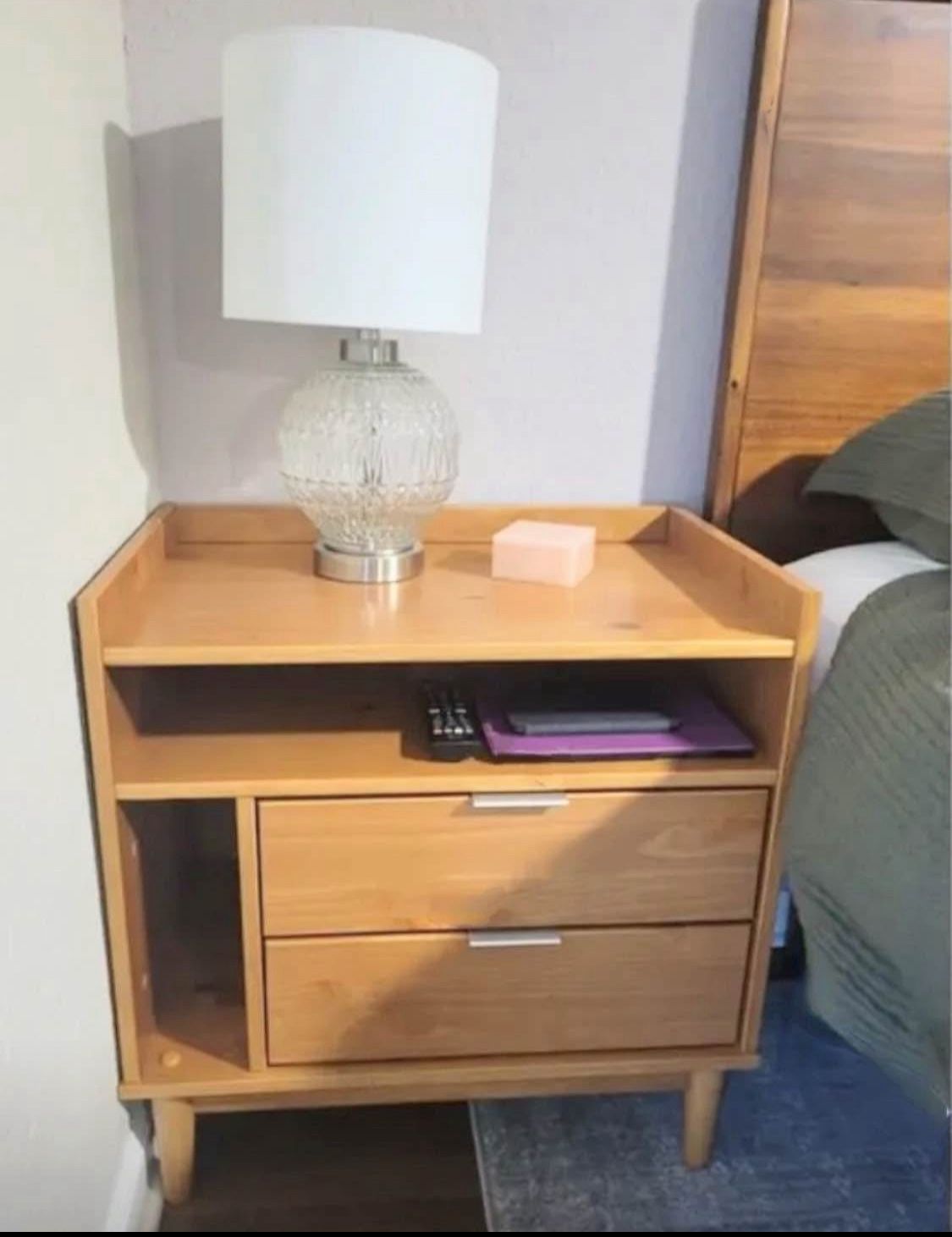 New Pair of Mid Century Modern Solid Wood 2 Drawer Nightstand with Storage