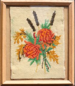 Flowers Bunch framed floral needlepoint tapestry original artwork still life