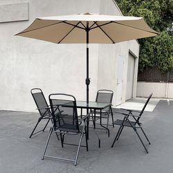 (Brand New) $140 Outdoor 6pcs Patio Set with 32x32” Table, 4pc Folding Chairs and 10ft Tilt Umbrella 