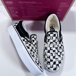 Vans Classic Slip-On Platform Floral Checkerboard Black White Sneakers Women 9