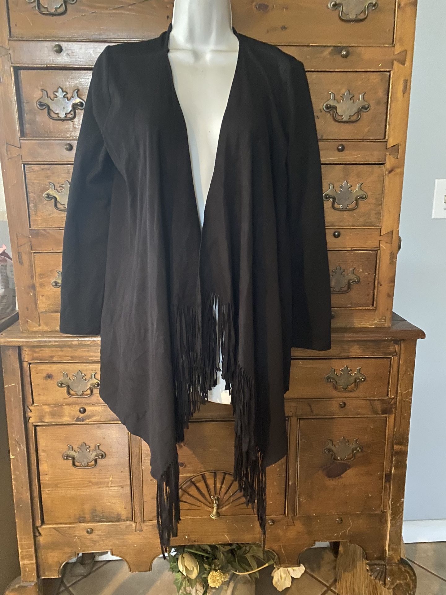 Woman’s Black Open Cardigan Sweater Fringed Edges Size M