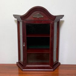 Vintage Wood Table Or Wall Curio Display Cabinet Case With Glass Door And Shelves