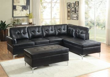 Brand new 110" x 81" black leather sectional + ottoman