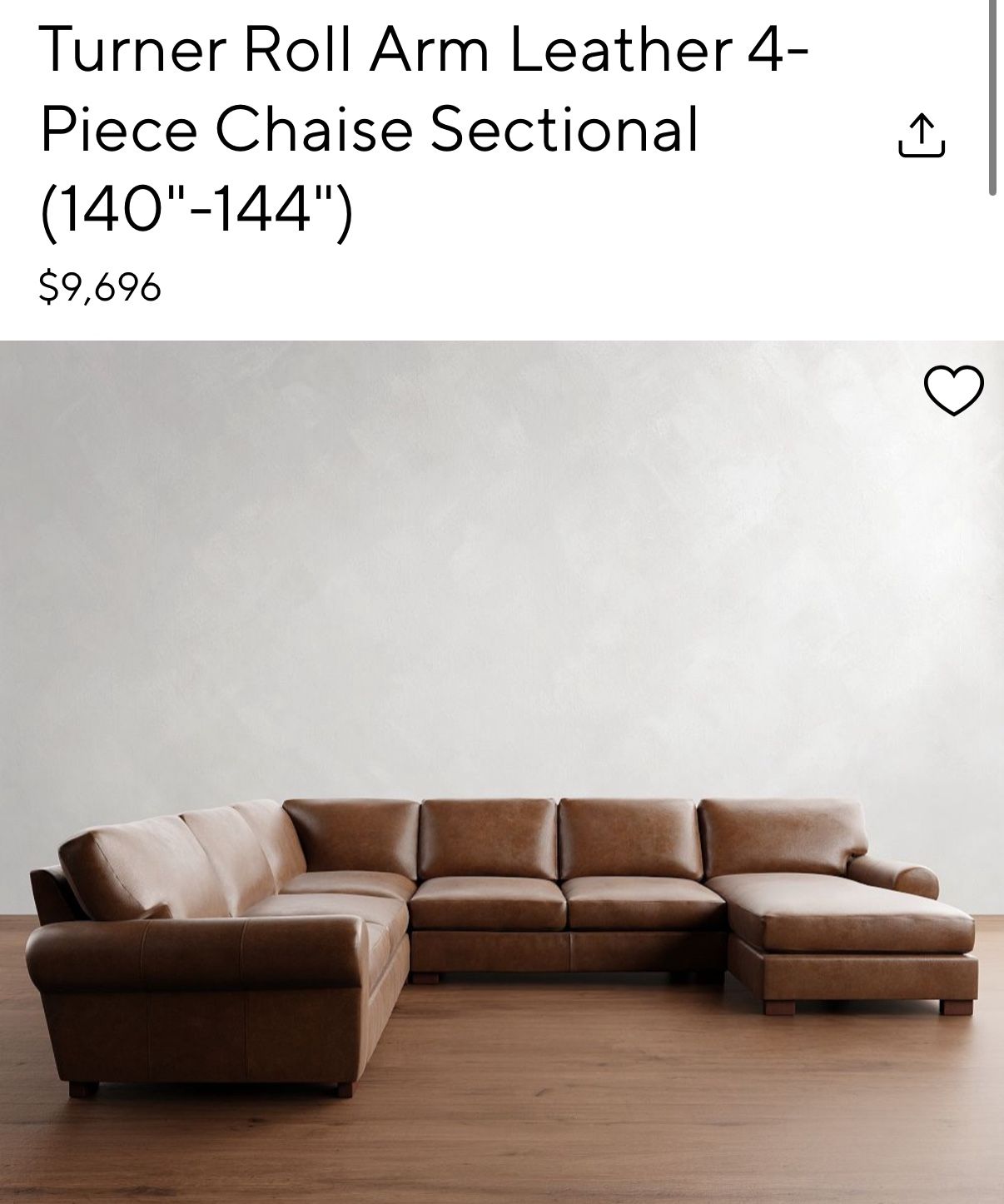 Turner Roll Arm Leather Left Arm Chaise Sectional, Down Blend Cushions, Nubuck Gray pottery barn