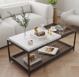 "Coffee Table with Faux Marble Top, Convertible Entertaining Coffee Table - Modern With Storage Furniture, Walnut, NEW 
C1-11N
Brand new in box 
Dimen