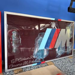 CHROME BMW M LOGO ON REAL RED CARBON FIBER CUSTOM ART WORK