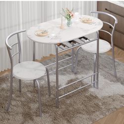 3-Piece Dining Table Set for Kitchen Breakfast Nook, Wood Grain Oval Tabletop and Metal Frame, Built-in Wine Rack, Black(White+Silver) 💰$60  Warehous
