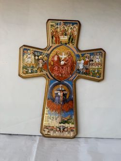 Italian Wooden Wall Cross Featuring the Holy Trinity Surrounded by Traditional Christian Iconographic Scenes