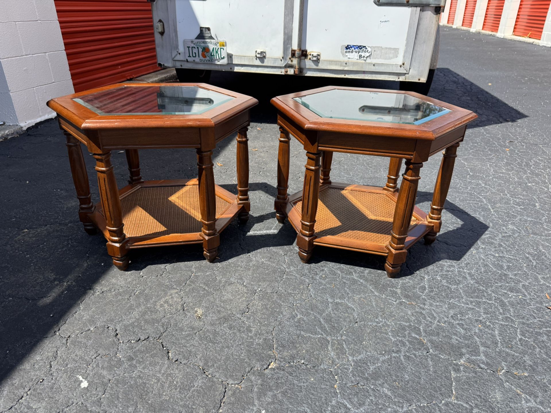 2- Vintage Mersman Oak Hexagon Glass Top Stained End Tables