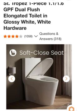 Madison
St. Tropez 1-Piece 1.1/1.6 GPF Dual Flush Elongated Toilet in Glossy White, White Hardware New open box item