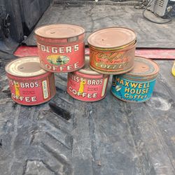 5 Vintage Coffee Tin Cans & Lids 1 Pound Keywind