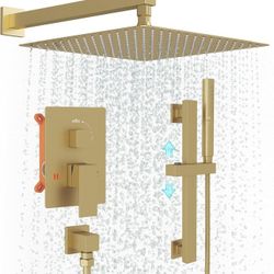 Shower System with Adjustable Slide Bar,12 Inch Square Rain Shower Head and Wand Wall Mounted, 2 in 1 Handheld Showerhead for Bathroom, Brushed Gold