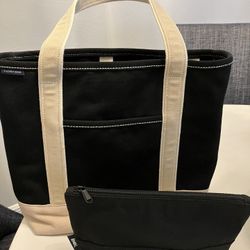 Lands’ End Classic Canvas Tote and Large Zip Pouch Set Black & Beige New & Unused Heavy Duty