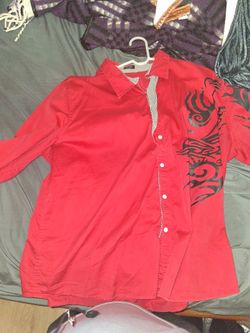 Red and black confedy button shirt