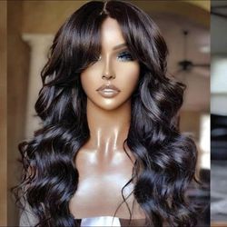 Human hair blend brown wig with bang.