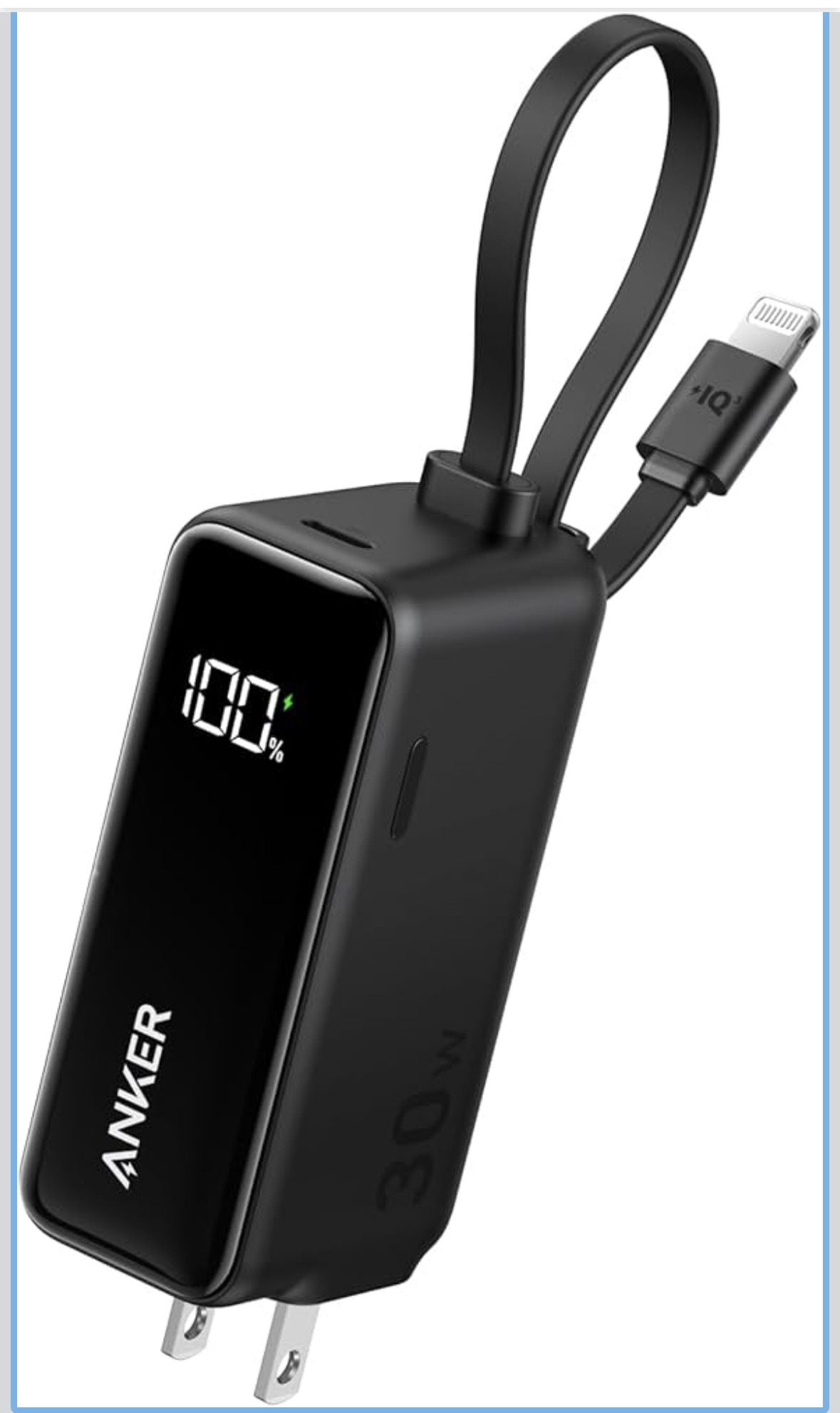 Anker 3-in-1 Power Bank, 5,000mAh Portable Charger with Built-in Lightning Cable and Foldable AC Plug