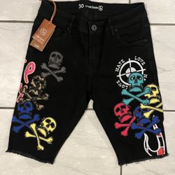 Crysp Denim Jean Shorts Mens Size 30 Black Stretch Denim Skull Embroidered Y2K
