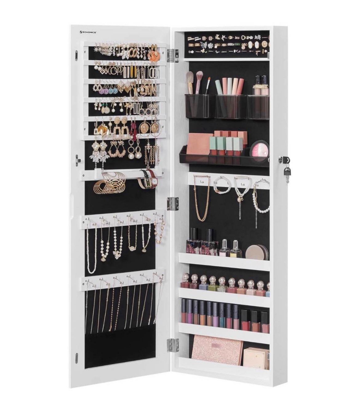Jewelry Cabinet Armoire, Lockable Wall-Mounted Organizer Unit with 2 Plastic Cosmetic Storage Trays, Full-Length Frameless Mirror, Christm