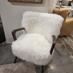 Brand New Pair of Mid Century Modern Kora faux shearling accent chairs finished in walnut