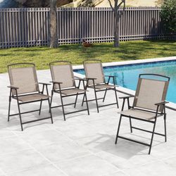 Set of 4 Patio Folding Chairs, Dining Chairs Outdoor Portable Sling with Armrest (Beige)
