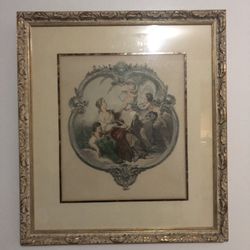 Antique French Lithograph Of Goddesses And Cherubs, Gold and Ivory Gilt Frame. Excellent Condition