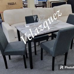 ✅️✅️5 pc white faux marble top dark wood frame charcoal grey chairs dining table set✅️