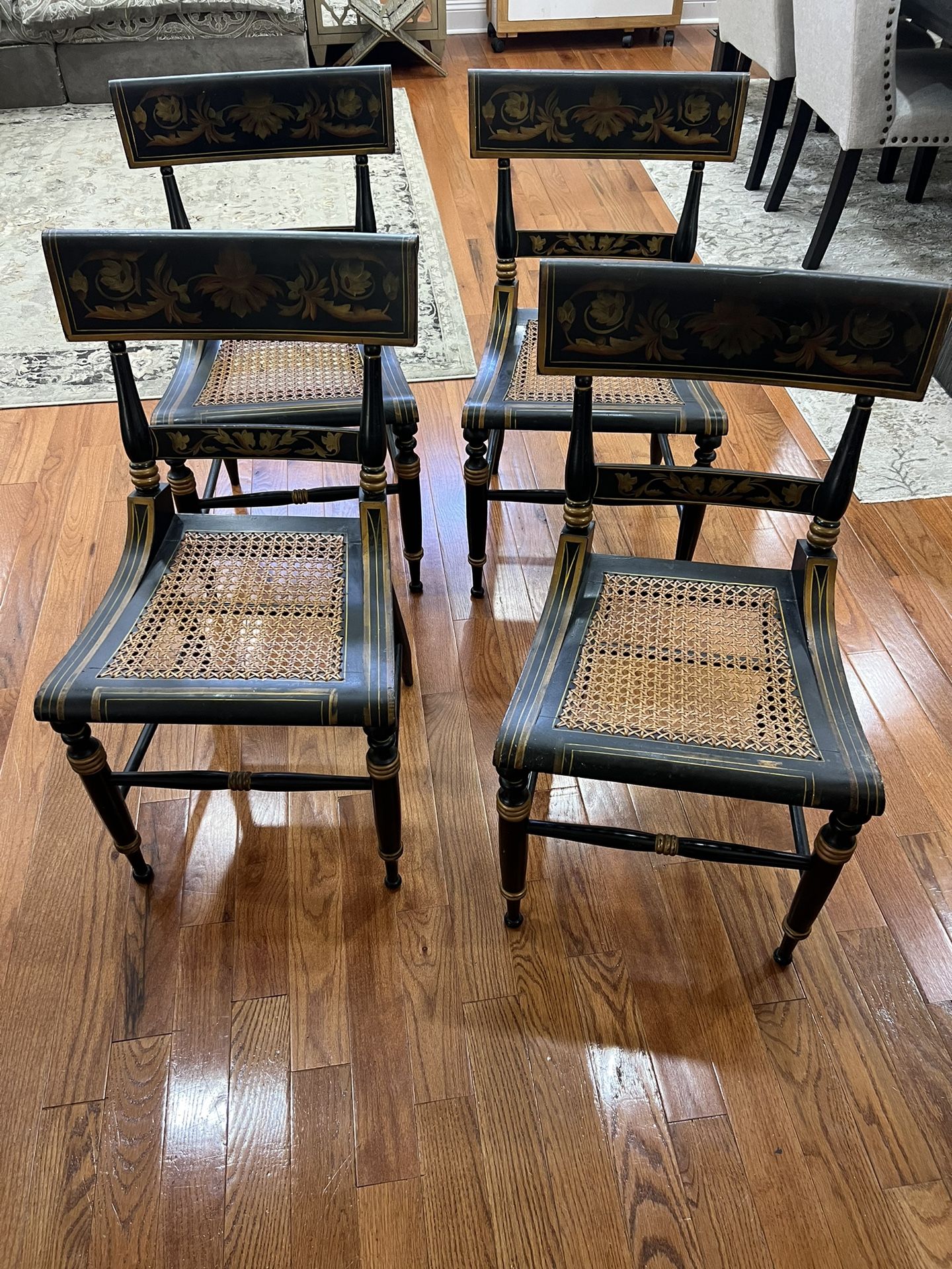 4 Antique American Empire Cane Seat Hitchcock Chairs Harvest Stenciled Back Rare