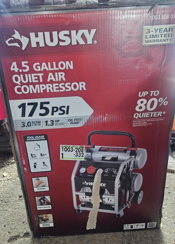 Husky 4.5 gallon Quiet air compressor 175 psi
