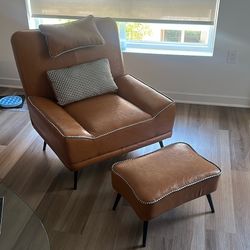 Mid-Century Faux Leather Chair with Ottoman