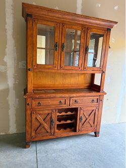 Rustic Wood Hutch with Wine Rack and Slate Inlay