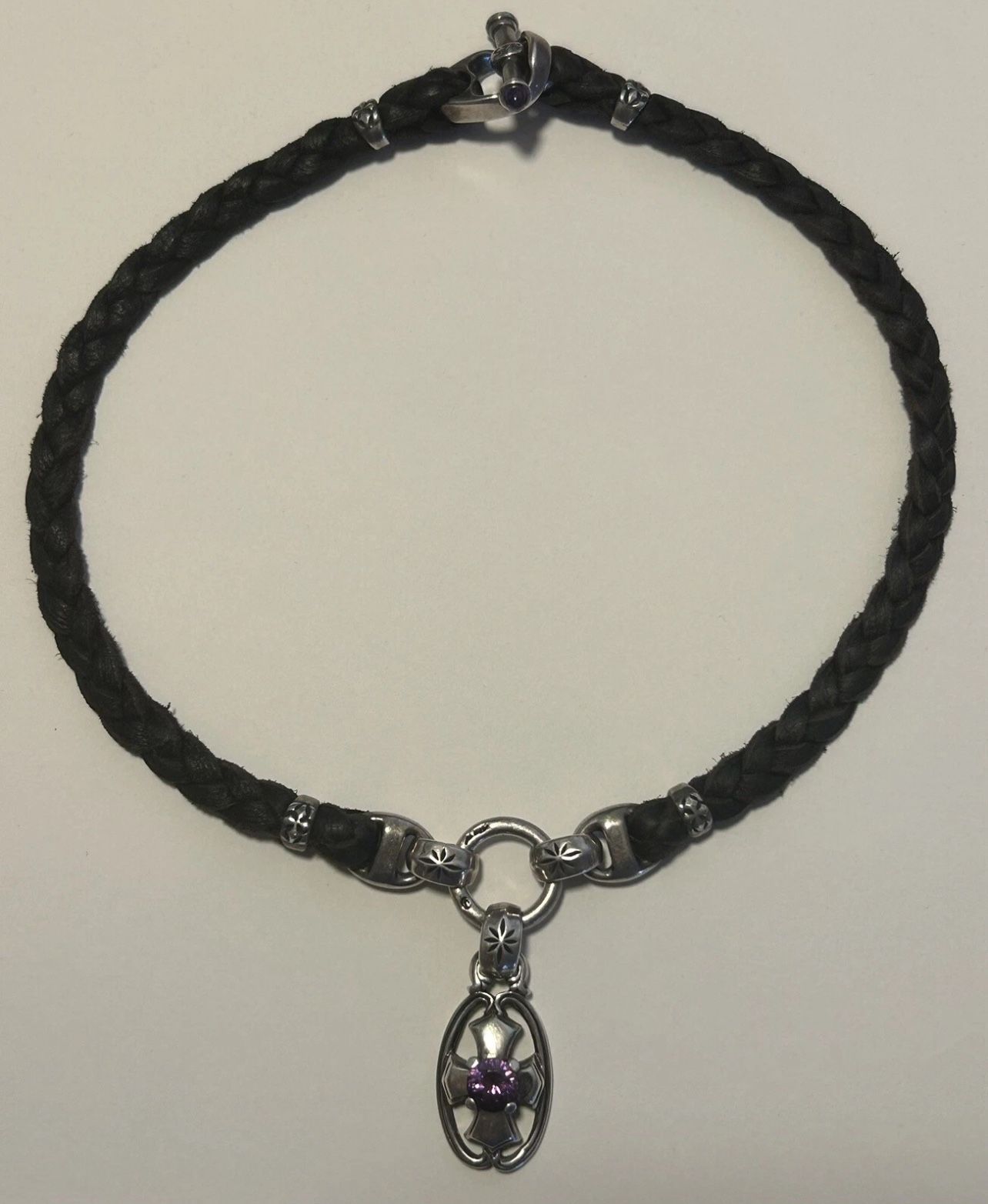 Bill Wall Leather - Leather Necklace Toggle Clasp W/ Amethyst Cross Pendant RARE