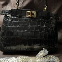 Black Croc Embossed Leather Handbag
