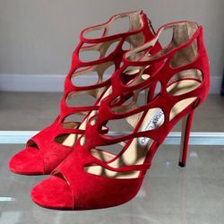 Jimmy Choo Red Suede Ren Cut Out Peep Toe Sandals Size 39 Made In Italy