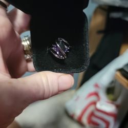 Size 7 Amethyst Stone Ring; Black Gold Band
