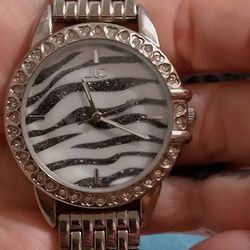 JLo Silver-Toned Sparkling Zebra Print Watch