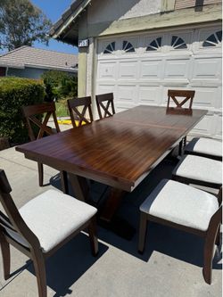 Dark Wood Trestle Dining Table With 8 Chairs