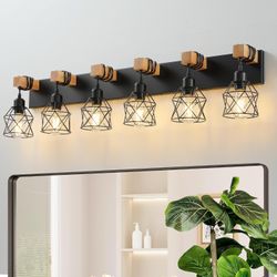 NEW 6-Light Farmhouse Vanity Light Fixture- Black Wood Industrial Lighting -$120 Retail