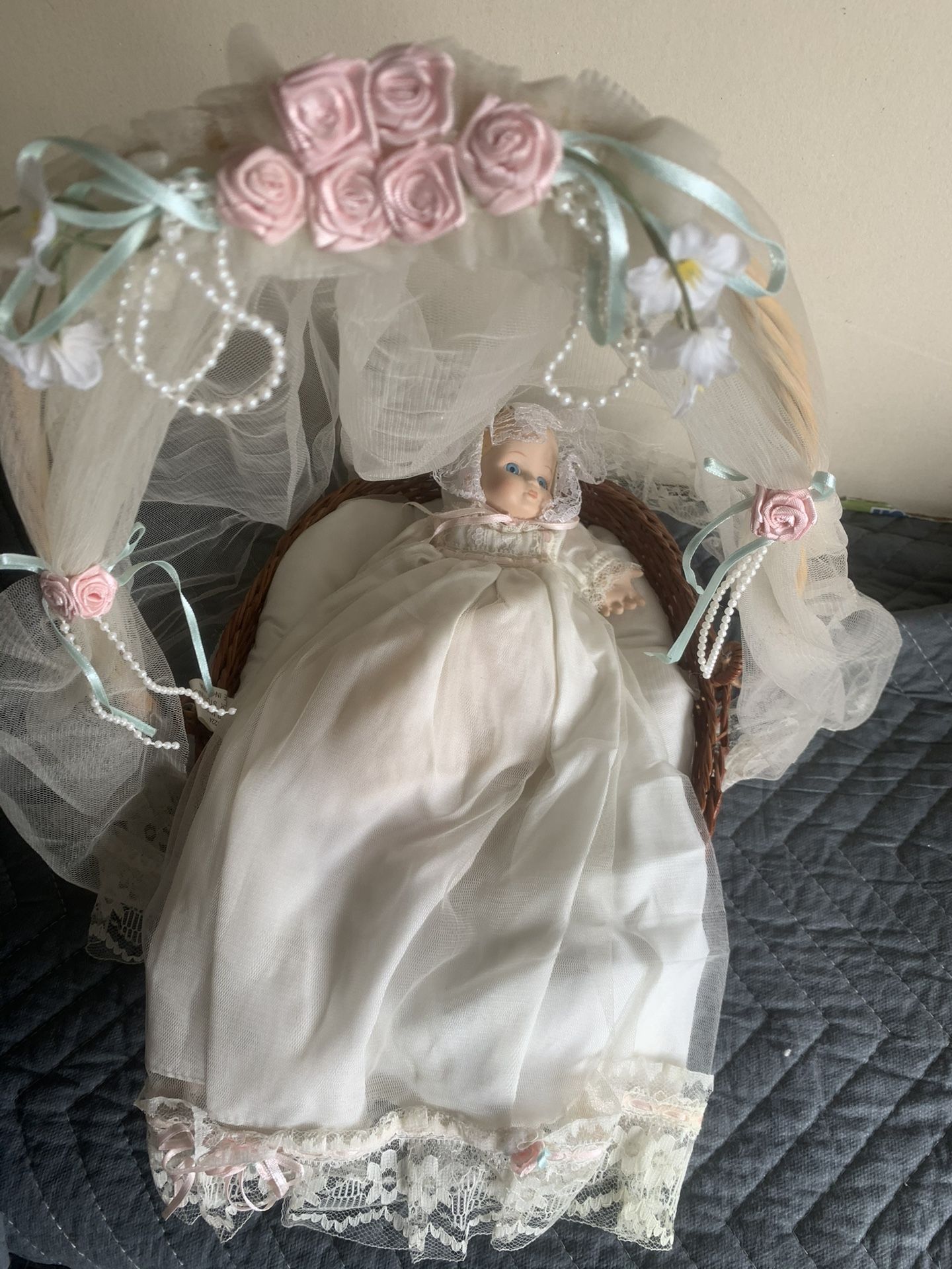 Beautiful Porcelain Doll In Wicker Basket