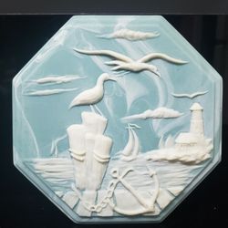 Blue & White Incolay Soapstone Octagon Wall Art High Relief Nautical Motif