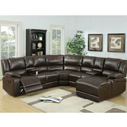 Brown Motion Sectional With Storage And Cup Holders Bonded Leather Plush Backrest Push Back Chaise Firm Price $1,480 Financing Available 