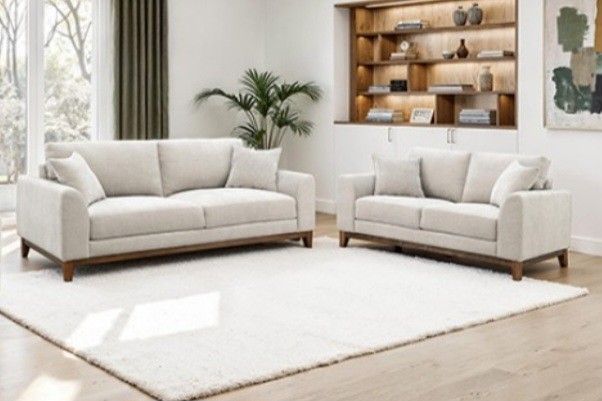 Brand New Grey Chenille Mid Century Modern Style Sofa & Loveseat 