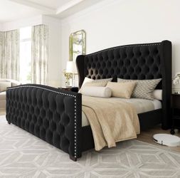 QUEEN SIZE Black Tufted Upholstered Bed Frame with Nailhead Trim