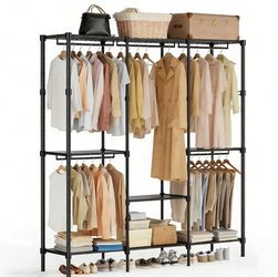 72”Black Heavy Duty Portable Clothes Rack Wardrobe Closet with Shelves & Hanging Rods