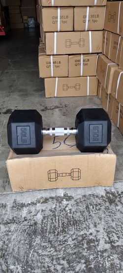 RUBBER HEX DUMBBELLS.