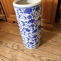 20” Blue & White Porcelain Umbrella Stand / Floor Vase – Heavy – No Chips