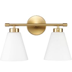 2-lights vanity Gold light fixture with frosted glass shades