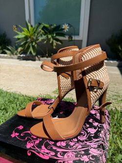 Brown/tan woven ankle-strap heels
